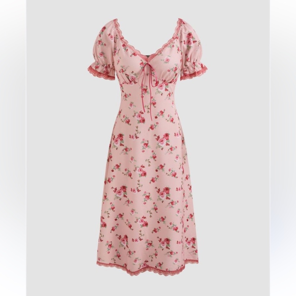 CIDER pink floral square neck knit midi dress lace trim y2k whimsical cottage